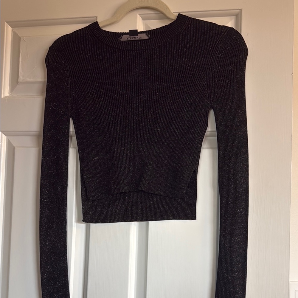 Allsaints Black Ribbed Metallic Long Sleeve Top